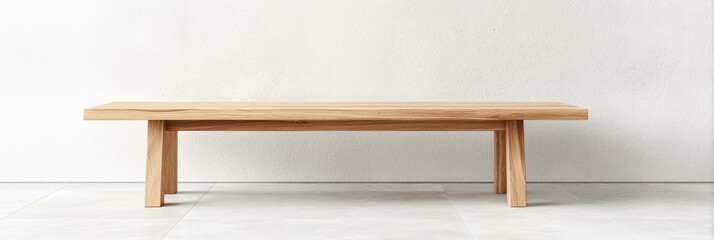 Wooden bench is sitting in front of a wall.