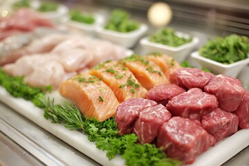 White plate with meat and vegetables on it.