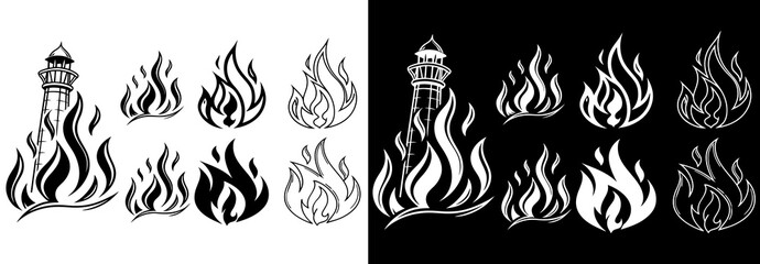 Classic silhouette flame. Black fire set isolated on white background. Old school tattoo neo-tribal style or silhouette flame for cars. Minimalistic stylish fire outline and filled contour. Vector set