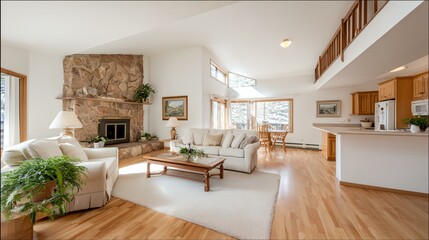 Living room with a fireplace, a couch, and a coffee table.