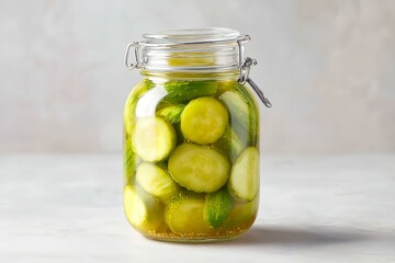 Jar of pickles is sitting on a table.