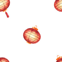  Seamless pattern featuring hand-painted red Chinese paper lanterns on a white background. Ideal for Lunar New Year decor, textile design, or festive packaging with an Asian cultural theme.
