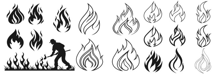 Classic silhouette flame. Black fire set isolated on white background. Old school tattoo neo-tribal style or silhouette flame for cars. Minimalistic stylish fire outline and filled contour. Vector set