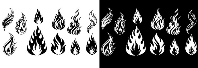 Classic silhouette flame. Black fire set isolated on white background. Old school tattoo neo-tribal style or silhouette flame for cars. Minimalistic stylish fire outline and filled contour. Vector set