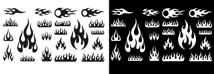 Classic silhouette flame. Black fire set isolated on white background. Old school tattoo neo-tribal style or silhouette flame for cars. Minimalistic stylish fire outline and filled contour. Vector set