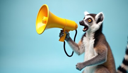 Fototapeta premium Funny lemur speaks, announces with yellow megaphone. Adorable animal announcing, shouting, screaming news. Concept of announcement, public speaking, advertising, marketing, communication. Isolated on