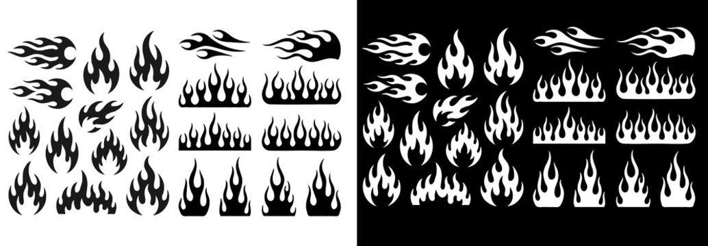Classic silhouette flame. Black fire set isolated on white background. Old school tattoo neo-tribal style or silhouette flame for cars. Minimalistic stylish fire outline and filled contour. Vector set