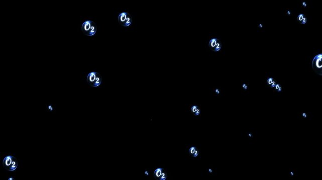 Animated blue glowing O2 oxygen bubbles floating and rising against a black background, representing molecules, respiration, medical concepts, clean air, or scientific processes.