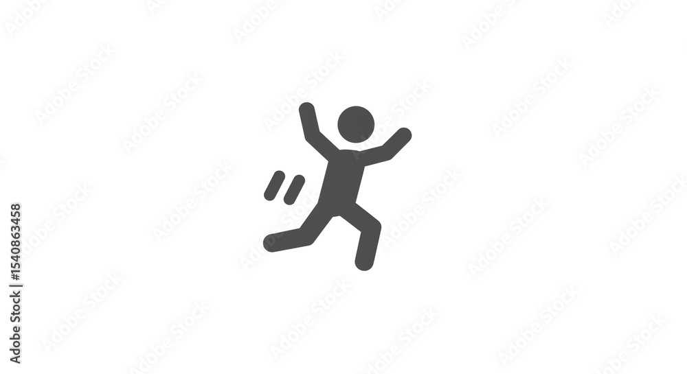 Poster a simple gray stick figure running with arms raised on a white background with motion lines behind i