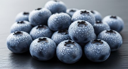 Closeup of fresh blueberries covered in water droplets