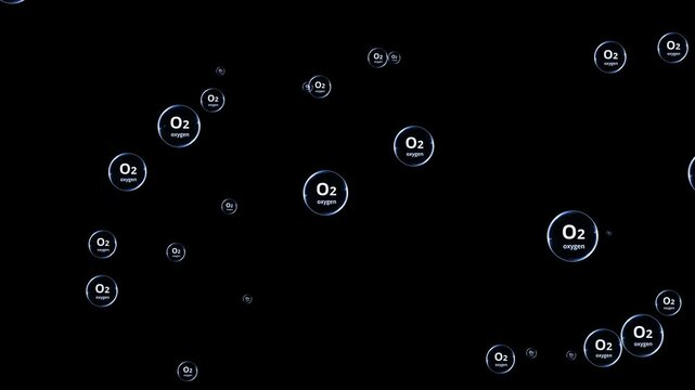 Animated O2 Oxygen Molecule Bubbles Floating and Rising on Black Background, Abstract Chemical Element Concept Motion Graphic
