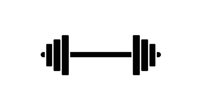 A simple black and white illustration of a barbell with weights on each side of the bar design