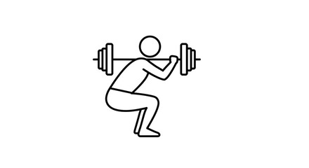A simple black and white line drawing of a person squatting with a barbell across their shoulders