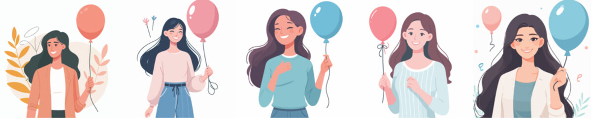 vector woman holding balloon and smiling