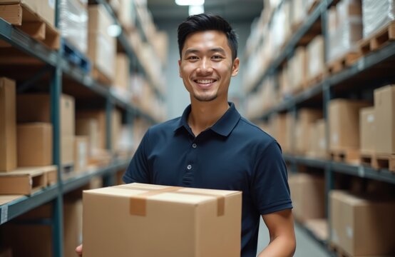 Smiling Asian man retail seller, entrepreneur in warehouse. Young small business owner holding parcel box. Ecommerce, online store, delivery, shipping, postal service logistics, distribution concept.