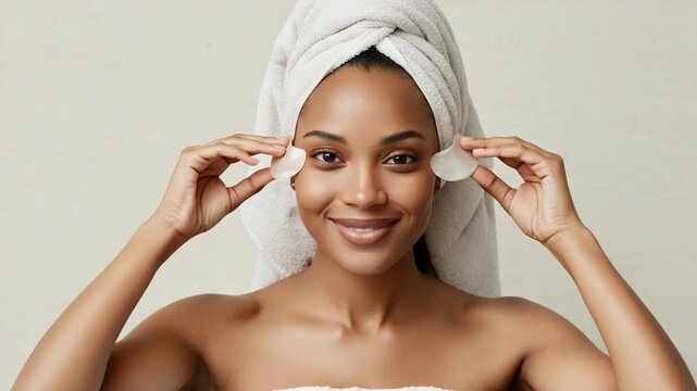 Woman applies under eye patches beauty treatment for skin wellness and cosmetic care