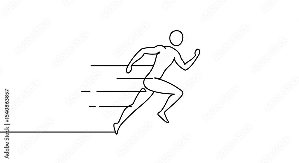 Poster a simple line drawing of a person running with motion lines indicating speed on a white background