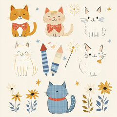 A hand-drawn illustration arranged in a full composition cat