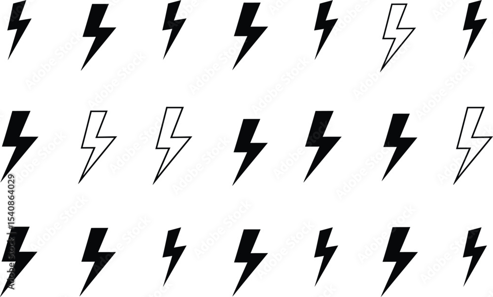 Aufkleber set of solid and outline lightning bolt icons, various sizes and styles ai generative