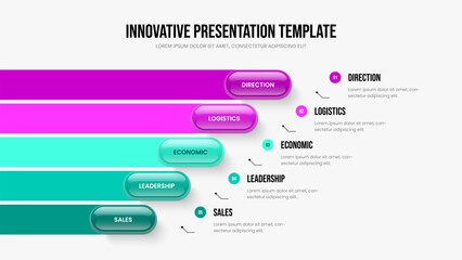 Enterprise Growth Slide Template Vector Illustration. Investor Visualization Five Option Diagram Frame Design. Financial Analysis 5 Element Infographic Presentation Layout.
