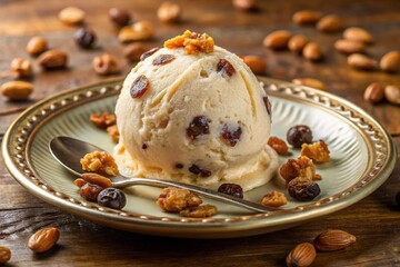 Creamy rum raisin ice cream gourmet scoop with plump raisins and drizzle