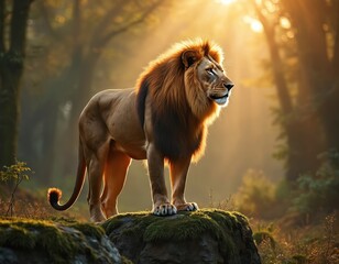 Majestic lion portrait stands atop mossy rock in sunlight. Stunning wildlife animal king, looking left. Golden hour forest backdrop. Nature, animal, big cat, wild cat, jungle. Sunlight rays.