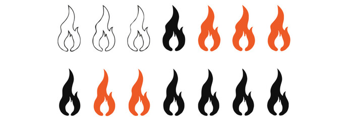 Classic silhouette flame. Black fire set isolated on white background. Old school tattoo neo-tribal style or silhouette flame for cars. Minimalistic stylish fire outline and filled contour. Vector set
