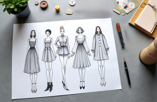 Fashion design sketches with stylish clothes, accessories on grey table. Flat lay view of fashion designers workplace, atelier. Dressmaking, sewing, craft, production studio. Business, hobby,