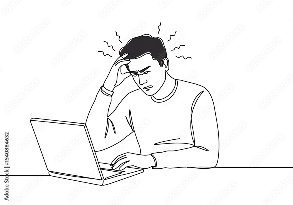 Poster continuous line drawing of a stressed man working on a laptop with a worried expression on his face