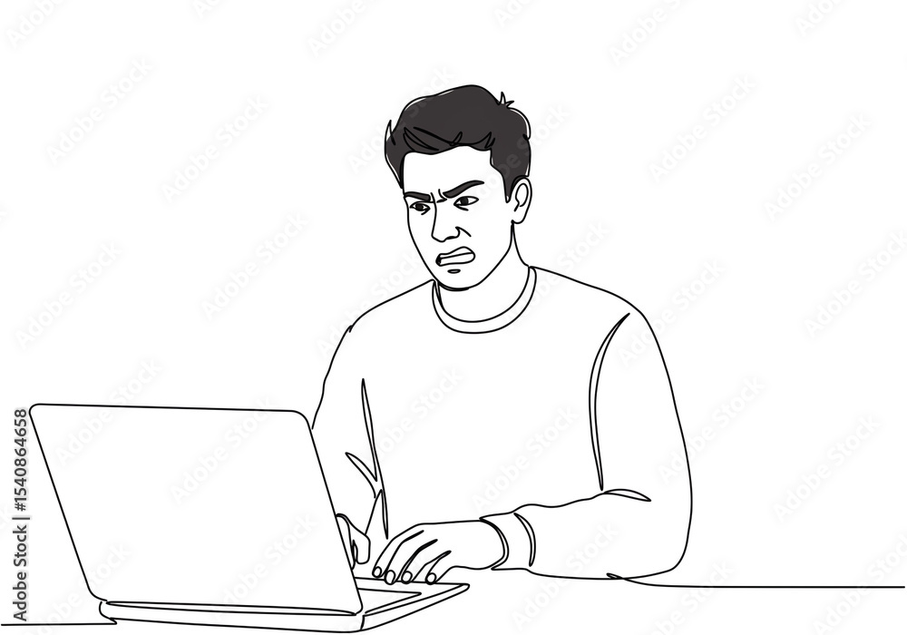Poster man frowning while using a laptop in a continuous line drawing on a white background in black and wh