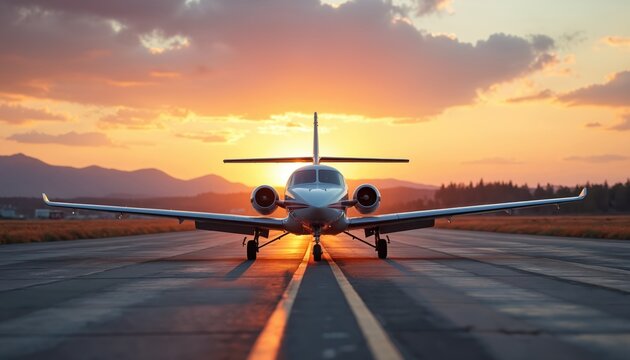 Small aircraft on runway at sunset. Airplane preparing take-off, scenic view of horizon, silhouette hills. Aviation, travel, transport concept. Commercial air travel, business, luxury flight. Pilot,