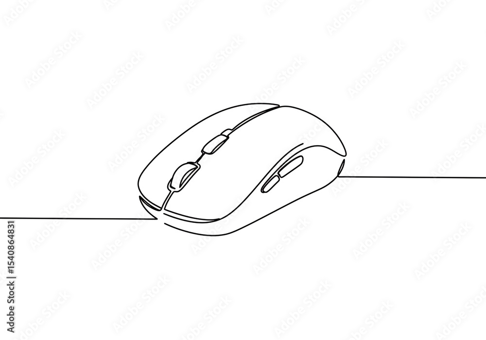 Poster a continuous line drawing of a wireless computer mouse on a white background with a simple line