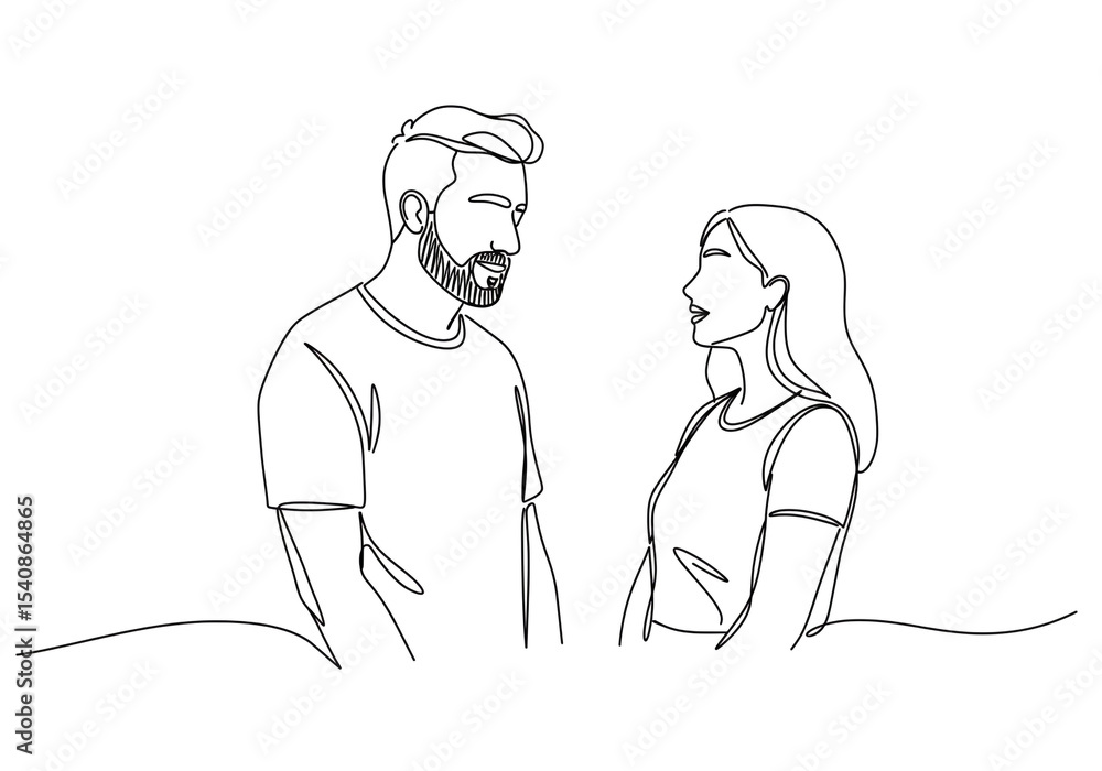 Poster continuous line drawing of a man with a beard and a woman looking at each other on a white backgroun