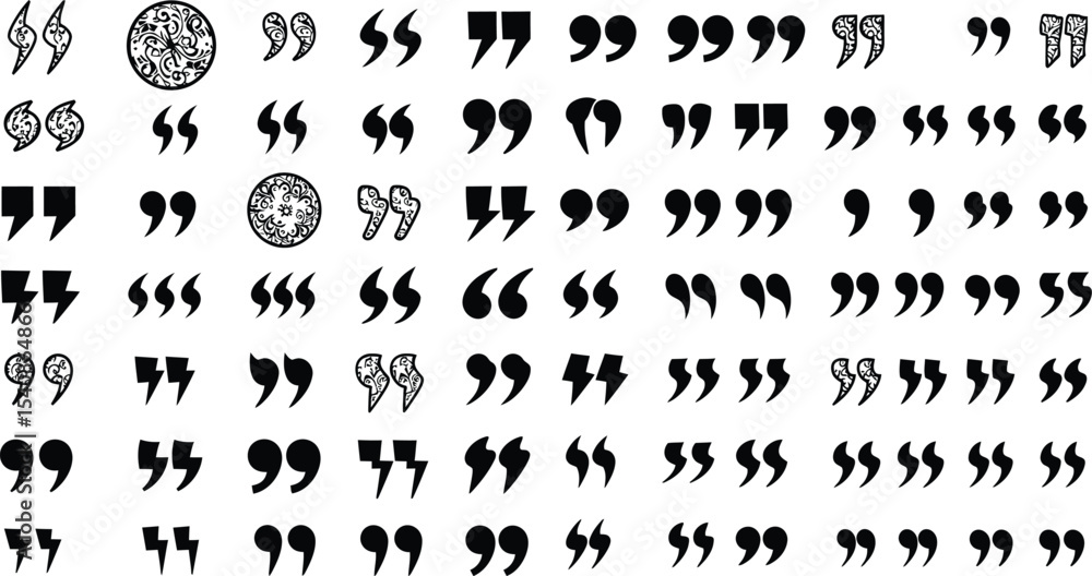 Poster collection of various black quotation mark designs and styles ai generative