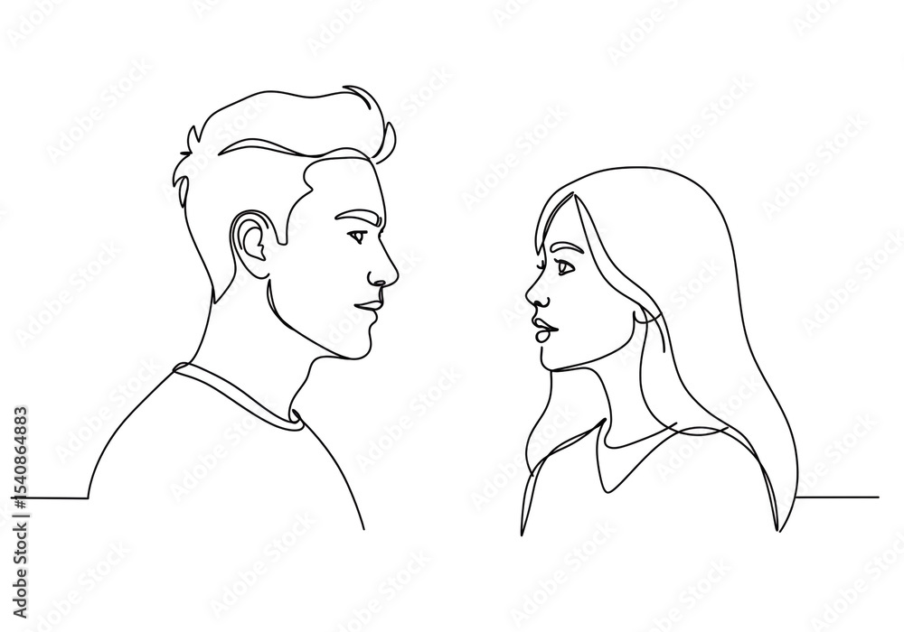 Aufkleber continuous line drawing of a man and woman looking at each other in profile with simple minimalist s