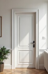 White entrance door inside modern apartment interior. Doorway with sunlight, wood floor, green plant, stylish design. New house entrance hall, home decor, contemporary style apartment.