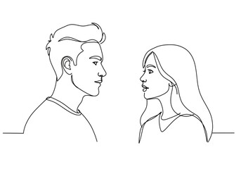Continuous line drawing of a man and woman looking at each other in profile with simple minimalist style
