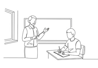 Line art of a teacher instructing a student in a classroom with a whiteboard and window outline drawing