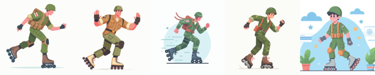 soldier character vector playing roller skates