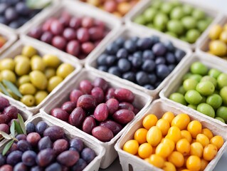 Row of baskets with different colored fruits.