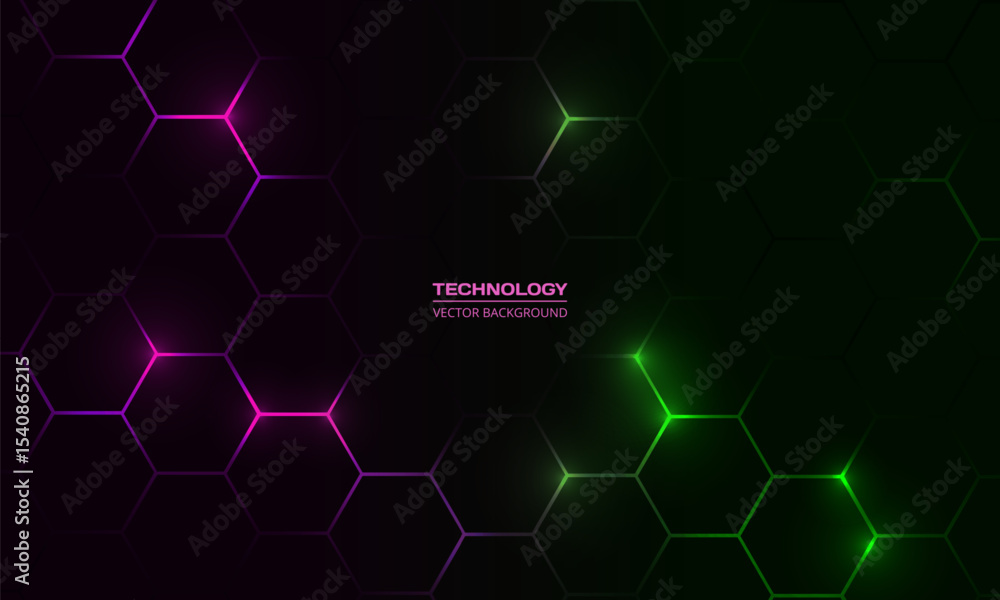 Poster Dark hexagon abstract technology background with pink and green colored bright flashes under hexagon. Hexagonal gaming vector abstract tech background.