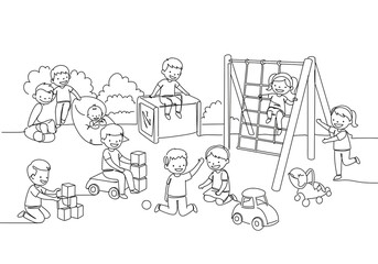 Children playing at the playground with toys and climbing frame in a black and white illustration