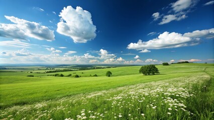Fototapeta premium Serene Rolling Hills Landscape Lush Green Meadow, Fluffy Clouds, Wide Composition,Nature Photography, Landscape Photography Landscape, nature