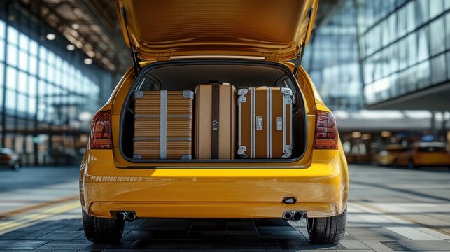 Packed yellow car with luggage at modern airport terminal during daylight hours