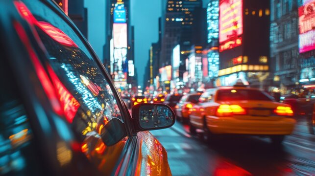 Vibrant city nightlife with illuminated billboards and busy streets in Times Square, New York