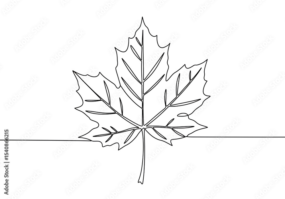 Poster a minimalistic line drawing of a maple leaf with veins on a white background with a horizontal line