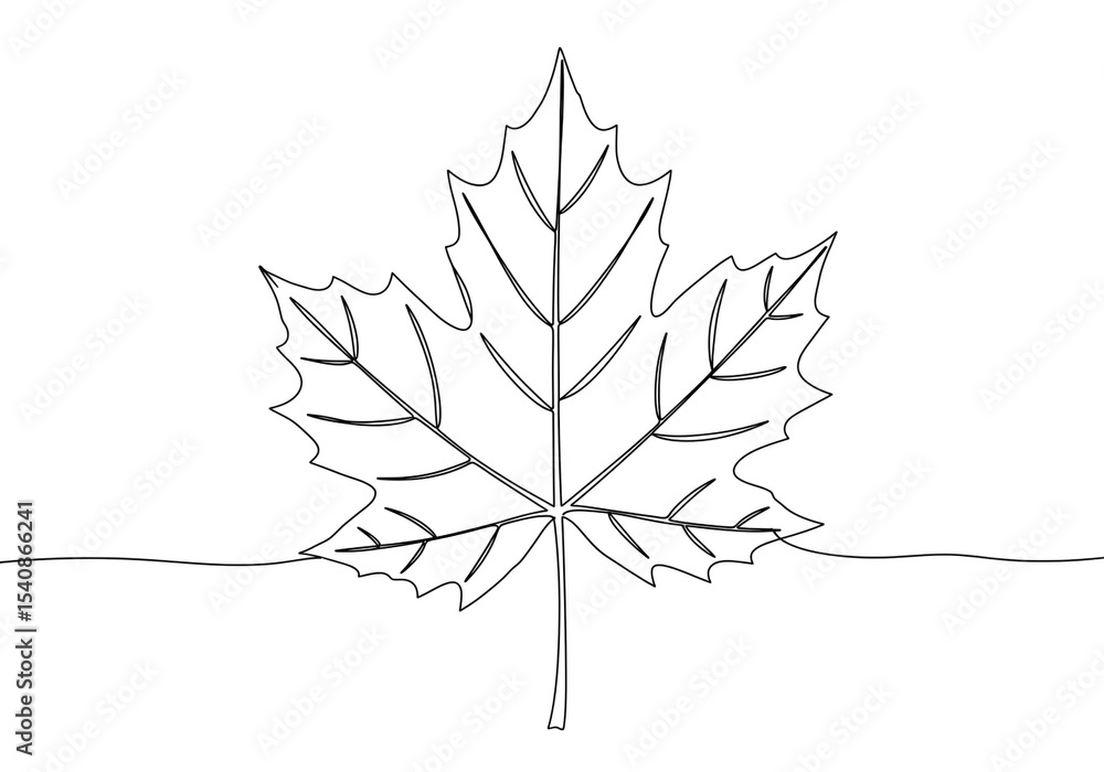 Poster a single continuous line drawing of a maple leaf with detailed veins on a white background surface