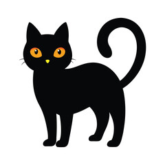 Black cat with arched back and mysterious gaze in spooky Halloween on white background.