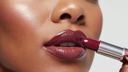 Close-up image of a woman applying dark red lipstick, focusing on smooth skin and full lips. The shiny finish highlights the beauty and elegance of her makeup routine. Image made using Generative AI.