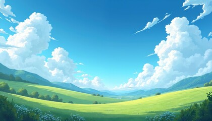 Cartoon illustration of green meadow, mountains, blue sky, white clouds. Anime style landscape for background, banner, wallpaper design. Sunny day in nature. Scenic view for a calm atmosphere.